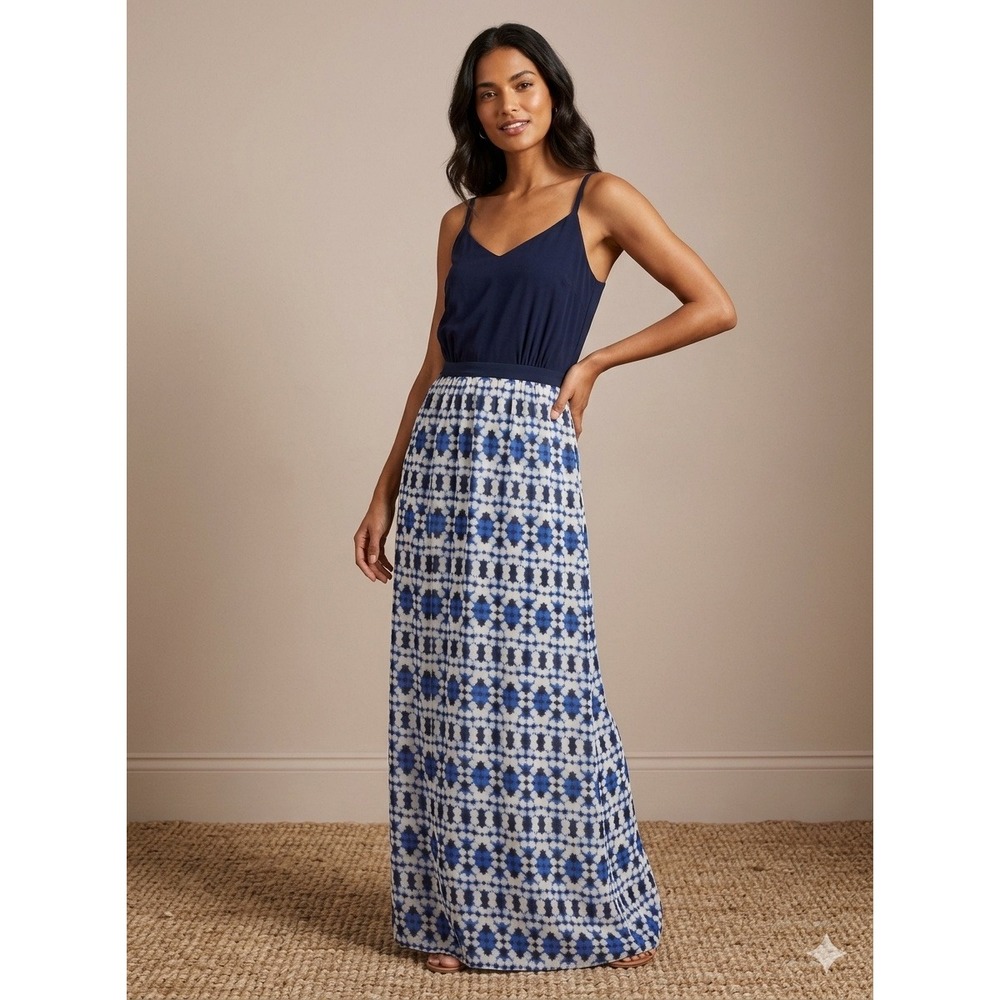 J.Crew Women Navy Blue Geometric Ikat Print Sleeveless Maxi Dress Size 0